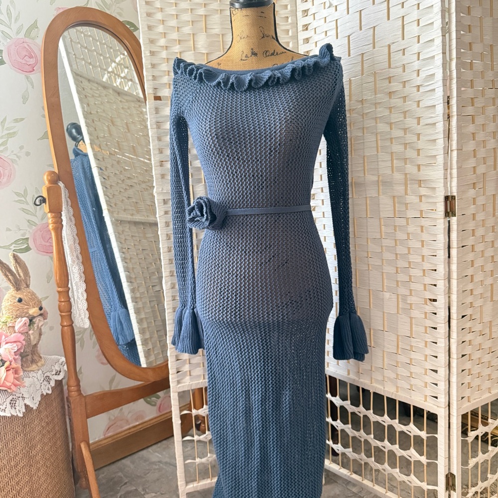 Dusty Blue Crochet Knit Maxi Long Sleeve Dress